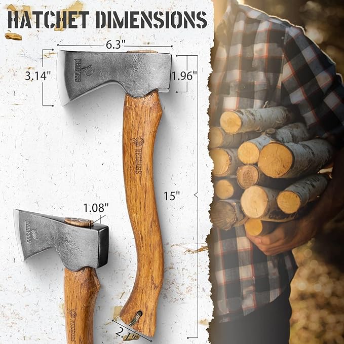NedFoss 15" Hatchet, Chopping Axes and Hatchets for Wood Splitting and Kindling, Forged Carbon Steel Bushcraft Axe Head Beech Wood Handle, Retro Leather Sheath