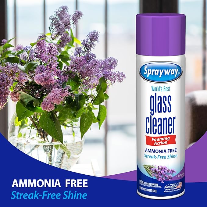 Sprayway Glass Cleaner Lavender Scent Foaming Aerosol Spray, 19oz, Ammonia-Free, Streakless, Fast-Acting | Cleans & Polishes Glass Surfaces | Removes Fingerprints, Dust, Dirt, 6 Count (Pack of 2)