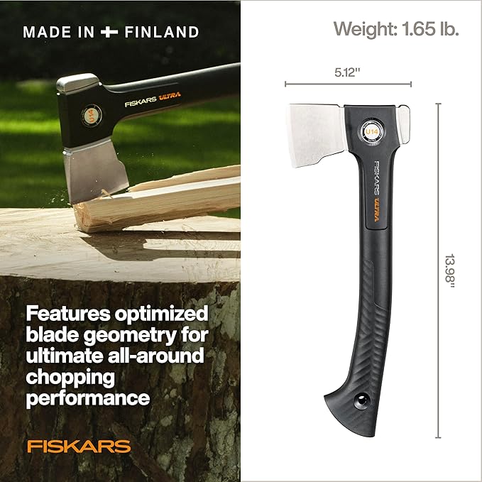 Fiskars Ultra Universal Axe U14, Precision-Ground RazorEdge Double-Hardened Steel Blade Stays Sharp, Lightweight FiberComp Shaft & SoftGrip Handle for Chopping & Kindling, 14", Black