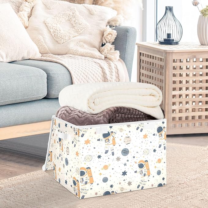 Large Storage Bins with Linen Collapsible Foldable Storage Cubes Fabric Closet Organizer Containers box with Flip-Top Lid for Home Bedroom Office 16.7 x 12.6 x 11.8in (Astronauts Planets and Stars)