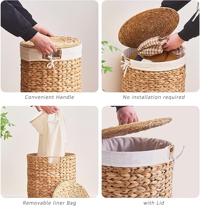 Round Water Hyacinth Laundry Hamper with Lid Handwoven Wicker Basket with Handles for Dirty Clothes, Storage, and Organization Ideal for Bedroom, Bathroom, and Laundry Room, No Assembly Required, 2Pcs