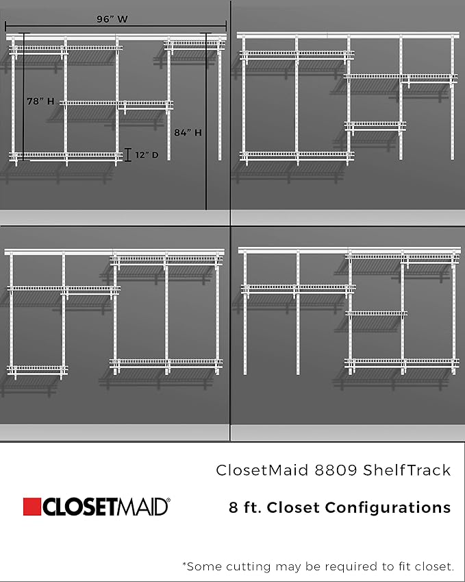 ClosetMaid ShelfTrack Wire Closet Organizer System, Adjustable from 5 to 8 Ft., with Shelves, Clothes Rods, Hardware, Durable Steel, White