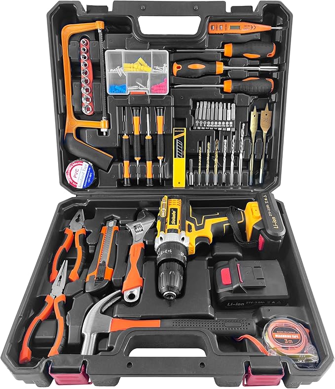 SOLUDE Tool Set with Drill,21V Cordless Power Drill Tool Box with 2 Battery,Electric Drill Driver with Basic Hand Tools for Home Repair and DIY Projects