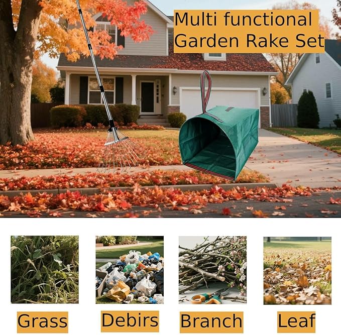 Leaf Rake for Lawns with 53 Gallon Dustpan-Type Leaf Bags,Heavy Duty Metal Garden Yard Rake Long Handle with Expandable Head 7-14" for Gardening Outdoor Camping Shrub Grass Bush Weed