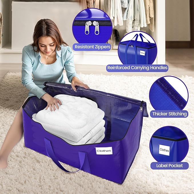 FabSpace Moving Storage Bags, Moving Supplies Packing Boxes for Moving, Camping, College Dorm Room Essentials for Girls, Blue Tote Bags, Heavy-Duty Storage Bins With Lids And Zippers, 125L 4 Pack