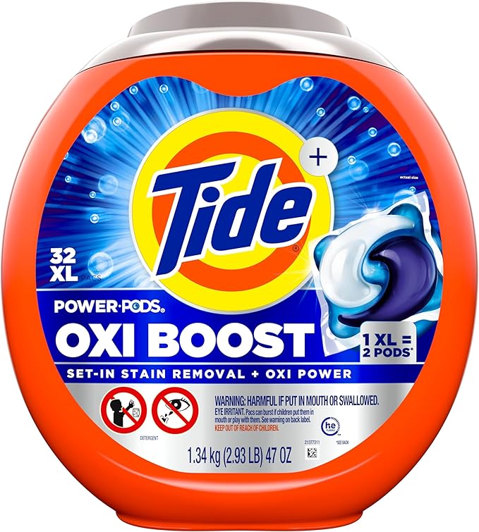 Tide Oxi Boost Power PODS Laundry Detergent Pacs, 32 Count, Set-In Stain Removal + Oxi Power, laundry soap detergent pacs