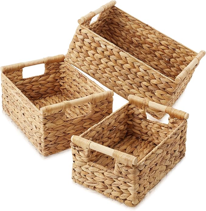 Casafield Set of 3 Water Hyacinth Rectangular Storage Baskets with Wooden Handles - Small, Medium, and Large Woven Nesting Baskets for Organizing