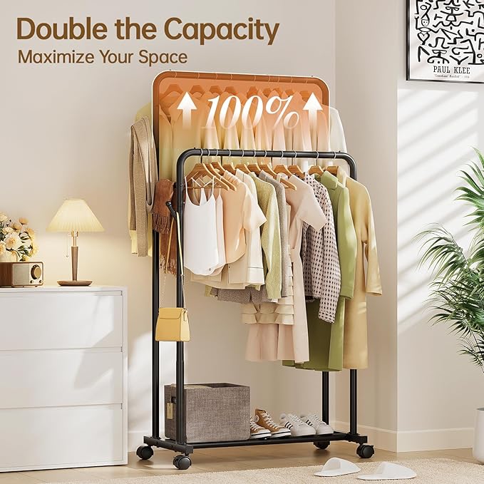 Delamu Clothes Rack, Double Rods Clothing Rack for Hanging Clothes, Metal Garment Rack with Rolling Wheels, Portable Wardrobe Closet Rack for Coat, Bedroom, Laundry, Black