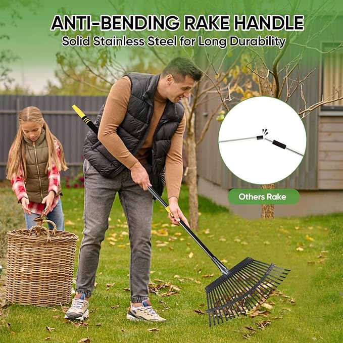 Garden Leaf Rakes, 6FT Rake for Lawns Heavy Duty 25 Metal Tines 18.5 inch Wide, Adjustable Steel Handle, Rakes for Leaves, Gathering Shrub, Grass, Yard