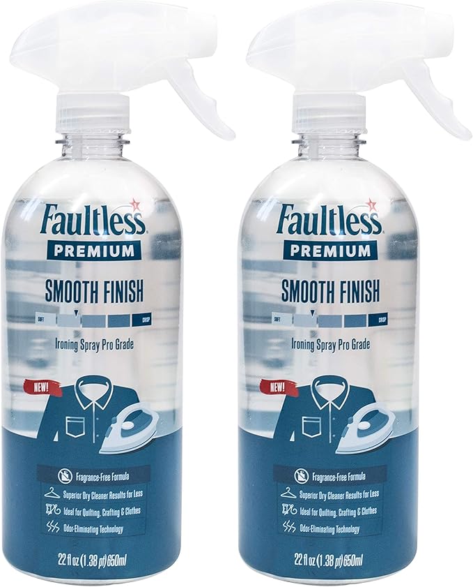 FAULTLESS Spray Starch Smooth Finish 22 Oz, 2 Pack Trigger Pump Liquid Starch for Ironing, Non-Aerosol Spray on Starch, Reduces Ironing Time, No Flaking, Sticking or Clogging, Biodegradable Ingredients, Recyclable