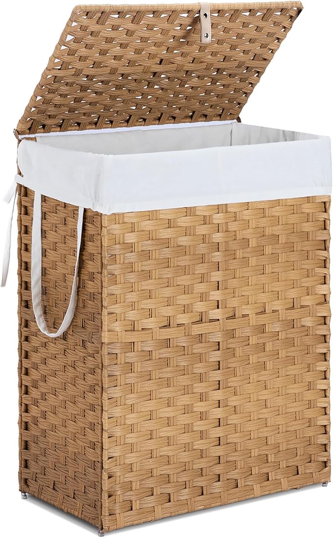 Laundry Hamper with Lid, 110L Foldable Laundry Basket with Removable Liner Bags, Handwoven Synthetic Rattan Clothes Hamper for Bathroom, Bedroom, Laundry Room, Yellow