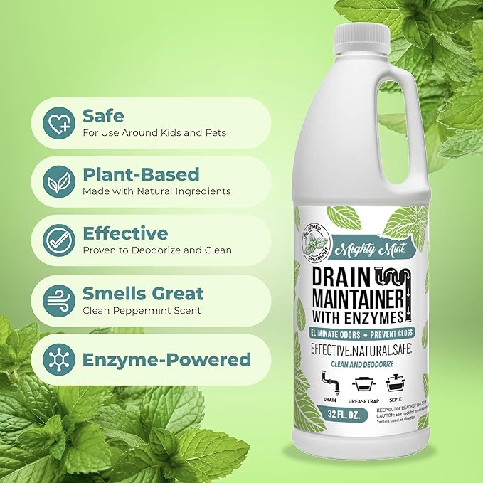 Mighty Mint Enzyme Drain Maintainer – Drain Cleaner & Deodorizer for Odor Control and Buildup Prevention – Safe for Pipes, Septic & Grease Traps - 32 oz.