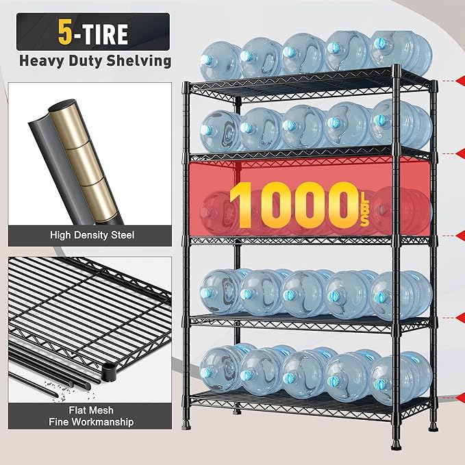 REIBII 5-Tire Storage Shelves, Wire Shelving Load 1000LBS Metal Shelves for Storage Adjustable Garage Shelving Unit Wire Shelf Rack Kitchen Storage Rack Pantry Shelves 31.5''W x 15.7'' D x 71''H