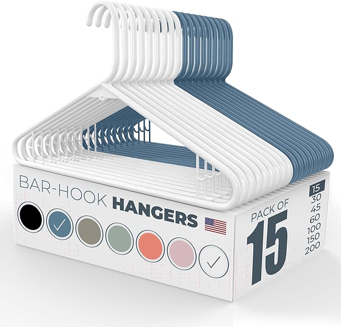 Neaties Plastic Hangers 15 Pack - Made in the USA - 6lb Capacity Standard Clothes Hangers with Strap Hooks for Dresses, Lingerie, Shirts, Pants, and Jackets - White & Blue