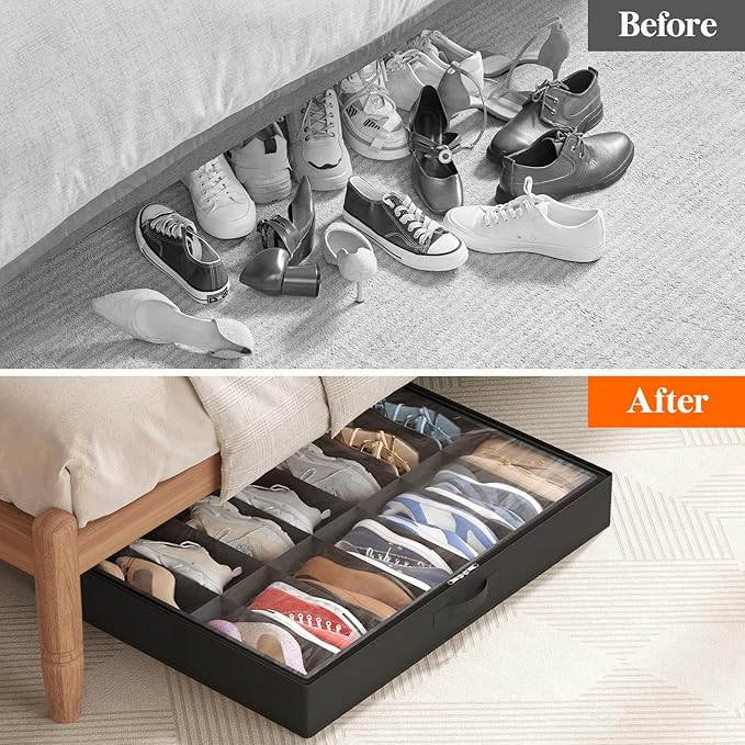 Lifewit Under Bed Shoe Storage Organizer 4 Pack(14 Pairs), 4.3" Tall Fabric Shoes Container Box, Foldable Closet Shoe Bag with 2 Reinforced Handles and Clear Cover, Black