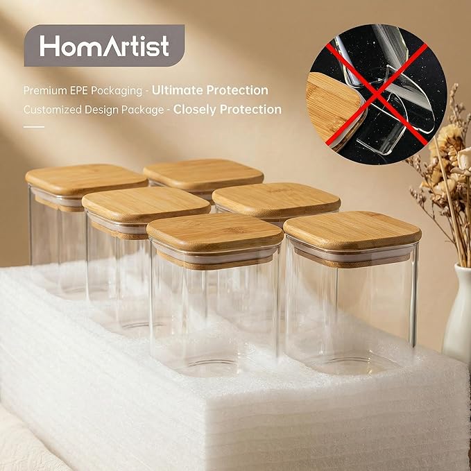 HomArtist Square Glass Jars with Bamboo Lids 79 FL OZ [Set of 3], Glass Canisters with Airtight Lid, Glass Food Storage Containers for Spaghetti, Fettuccine, Linguine,Pasta, Best for Kitchen & Pantry