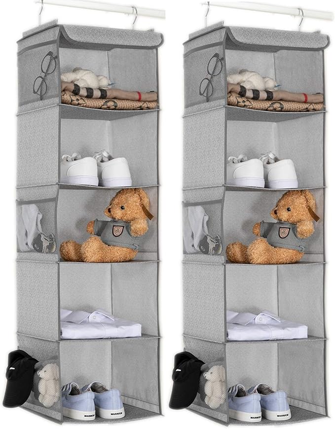 BrilliantJo 5 Shelves Hanging Closet Organizer, 2 Pack Hanging Storage with 6 Side Pockets for Clothes Bags, 43"x12"x12"(Light Gray)