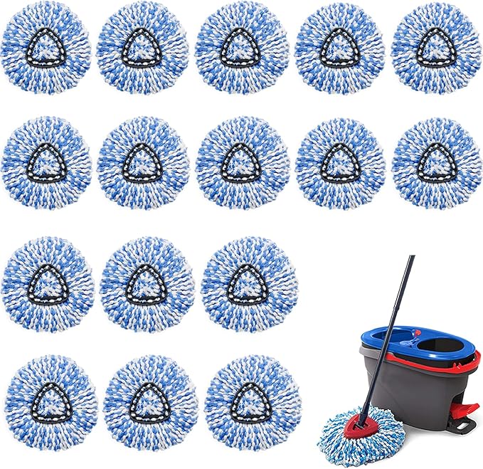 16 Pcs Spin Mop Replacement Heads, 360° Easy Wring Spin Mop 100% Microfiber Refill, Easy Cleaning Spin Mop Heads, 2 Tank System Replace Head for Easy House Cleaning Floor Mopping, Blue&White