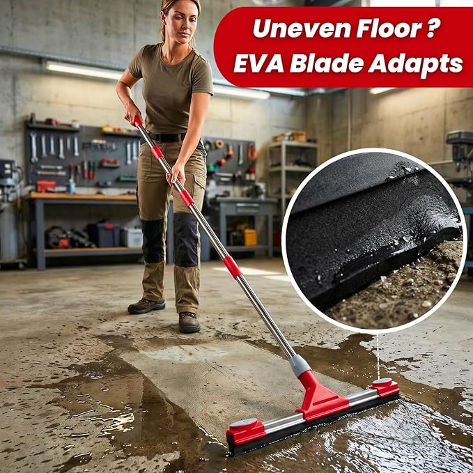 Heavy Duty Floor Squeegee for Concrete Floor – 17.3'' EVA Foam Blade with Built-in Towel Clip, 62'' Extendable Handle, Uneven Surface Floor Squeegee Broom for Garage, Window, Pool, Tile, Patio &Shower