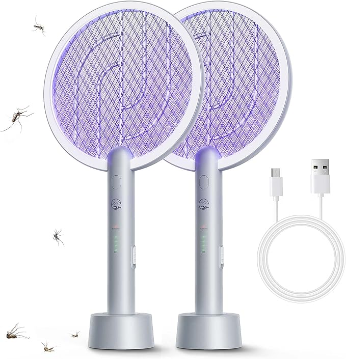 Electric Fly Swatter Racket, Mosiller 2 in 1 Smart Bug Zapper & Power Take Off Generators with USB Rechargeable Base, Powerful Mosquitoes Trap Lamp & Fly Killer for Home, Bedroom (2 Pack)
