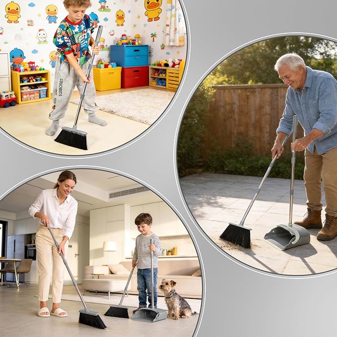 YZO Broom with Dustpan Combo Set, 54.33 Inch Long Handle Standing Design, Dustpan Front Rubber Tight Seal, Broom with 5 Layer Bristles, Suitable for Bedroom, Yard, Office and Apartment(Gray&Black)