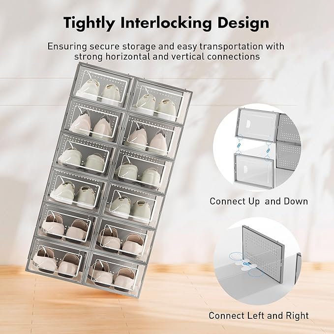 Foluck Shoe Storage Box, 15 Pack Clear Plastic Stackable Shoe Organizer for Closet, Interlocking Design Shoe Container Bins for Sneakers, Foldable Shoe Rack with Lids, Gray