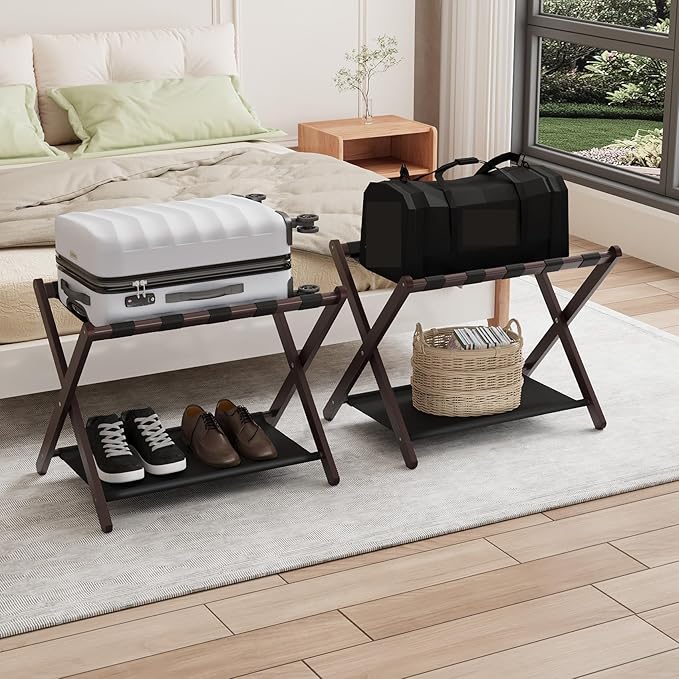 Smuxee Brown Bamboo Luggage Rack Pack of 2, Foldable Suitcase Stand with Storage Shelf, Easily Assembled Luggage Stand with 5 Nylon Straps for Guest Room Bedroom Hotel