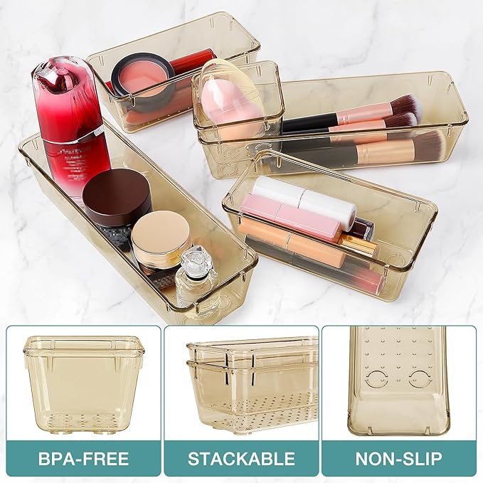 StorMiracle 13 PCS Drawer Organizer Set, 5 Varied Size Bathroom and kitchen Drawer cabinet organizer Trays, Clear Storage Bins for Makeup, Jewelry, Utensils and Gadgets, Champagne
