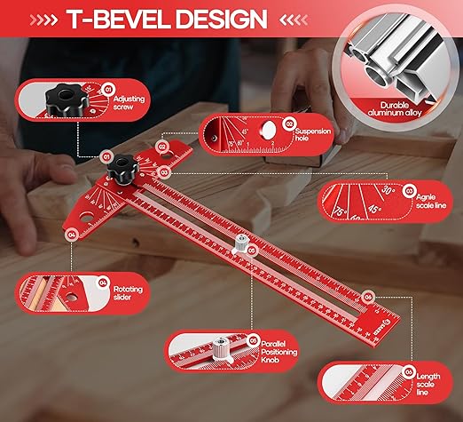 Saker Woodworking Scriber Marking Line Ruler, Adjustable Aluminum Alloy Sliding T-Square Ruler,Precision Line Drawing aid Ruler with Angle Adjustment Scale