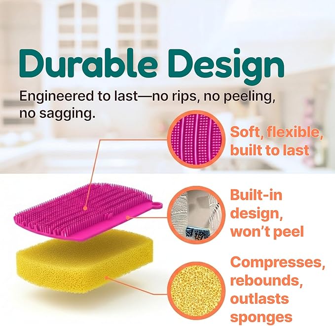 3-in-1 Silicone Scrubber Sponge with Squeegee – Non-Scratch Kitchen Sponge for Dishes, Sink & Bathroom, Quick-Dry, Reusable Cleaning Tool (Pink)