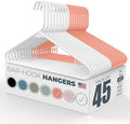Neaties Plastic Hangers 45 Pack - Made in the USA - 6lb Capacity Standard Clothes Hangers with Strap Hooks for Dresses, Lingerie, Shirts, Pants, and Jackets - White & Orange