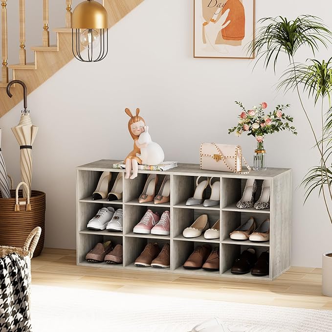 Garden 4 you Shoe Storage Bench, Cubby Shoe Rack with 12 Cubbies, 3-Tier Wood Shoe Rack Organizer, Shoe Organizer Cabinet for Entryway, Hallway, Closet and Garage, Grey