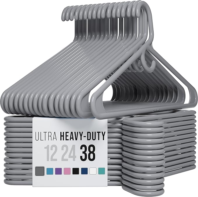 NEATERIZE Thick Heavy Duty Hangers - Grey Plastic Clothes Hangers 38 Pack - Great for Coat Hanger, Jackets Jeans & Suit Hanger for Closet - New Apartment Essentials Percheros Ganchos para Colgar Ropa