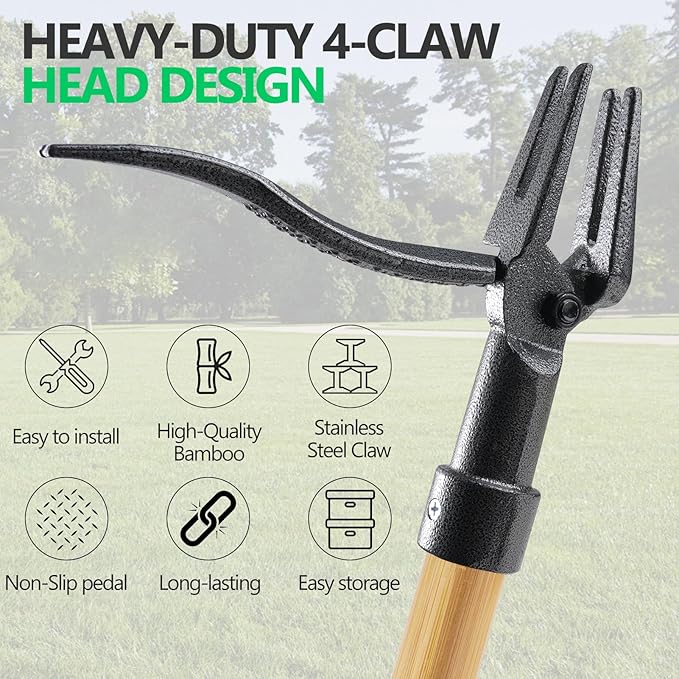 BellaJoyz Weed Puller, Stand-Up Weed Puller Tool with Long Handle & 4-Claw Steel Head, 3-Sectioal Pole Design, Garden Hand Weeding Tool - Easily Remove Weeds Without Bending, Pulling,or Kneeling