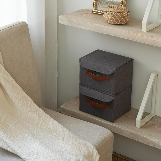 Decorative Linen Storage Boxes with Lids - Spacious Set of 2 Organizer Bins for Your Home Decor - The Perfect Small Container to Safely Store Photos, Documents and Memory Box Keepsakes in Style