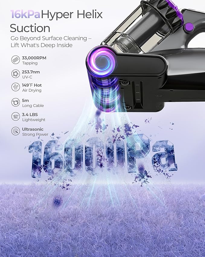 MayKing Mattress Vacuum Cleaner, 16kPa Pro Deep-Clean Bed Vacuum Cleaner with 33000 RPM/Min & 253.7nm UV-C Light, Handheld Vacuum with HEPA Filter, Ultrasonic & 149℉ Heat for Bed Sofa Crib, Model MV02