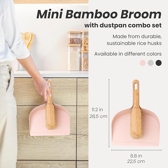 Vigar Zeroline Mini Bamboo Broom with Dustpan Combo Set, Small Dust Pan and Brush Set for Dust, Pet Hair, Car, and Crumb, House, Kitchen Broom, Pink