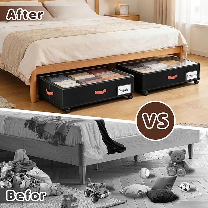 Under Bed Storage with Wheels 2-Pack, Under Bed Storage Containers 66L Clear Lids, Rolling Storage Drawers for Clothes Shoes Blankets, Underbed Organizer Bins(30" L x 16.2" W x 7.5" H)