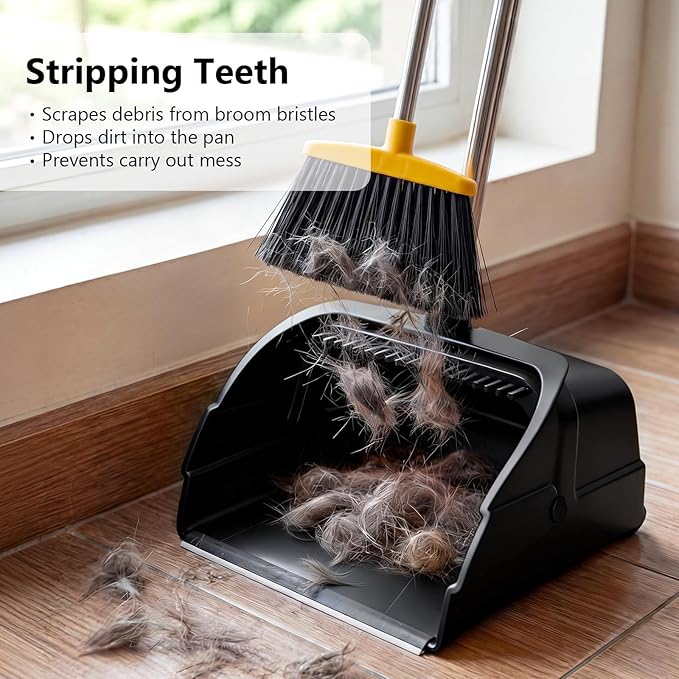 Jumbo Commercial Dustpan with Wheels & Comb Teeth - Heavy Duty Rolling Debris Pan - Long Handle Extra Large Upright Dust Pan for Industrial Warehouse Garage Restaurant Sidewalk Outdoor - Black
