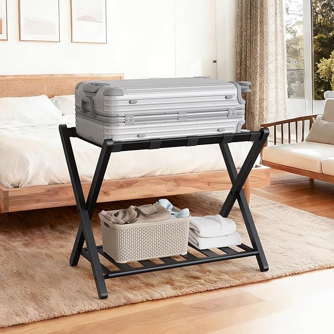 26.77"L Luggage Rack, Black Luggage Rack for Guest Room, Bamboo Folding Suitcase Stand with Storage Shelf, 5 Nylon Straps, Heavy Duty Luggage Holder for Bedroom Hotel, 1 Pack, Gift Box Packaging