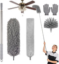Cobweb Duster with Extension Pole, Washable Cleaning Microfiber Feather Duster 5-in-1 Kit with 3 Duster Heads, 100'' Bendable Extendable Long Duster for High Ceilings, Fans, Blinds, Furniture & Car