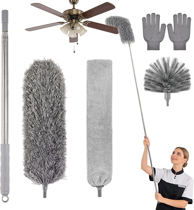 Cobweb Duster with Extension Pole, Washable Cleaning Microfiber Feather Duster 5-in-1 Kit with 3 Duster Heads, 100'' Bendable Extendable Long Duster for High Ceilings, Fans, Blinds, Furniture & Car