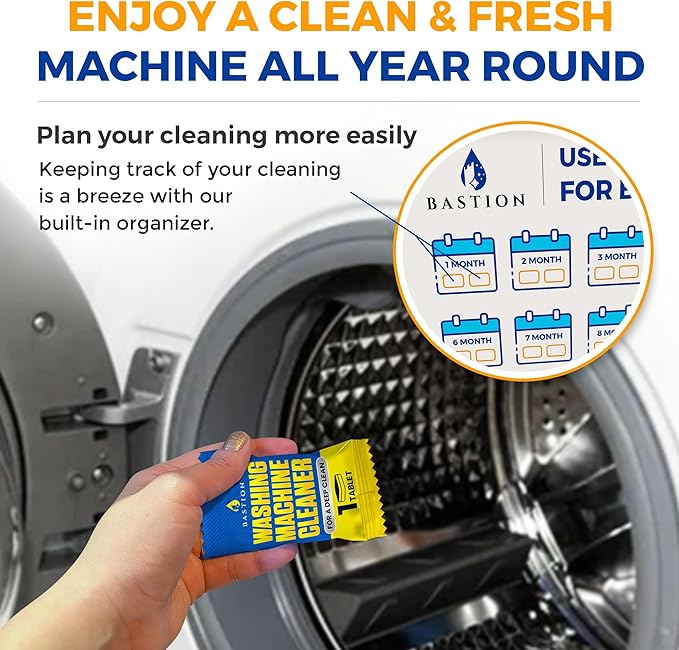 Bastion Washing Machine Cleaner, Deodorizer, & Descaler 6-Pack - Active Deep Cleaning Tablets For HE Front Loader & Top Load Washer, Septic Safe Eco-Friendly - 3 Month Supply