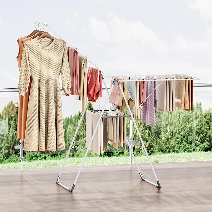APEXCHASER Clothes Drying Rack, Foldable Oversized Drying Rack Clothing with L-Shaped Foot Cover, Height-Adjustable, Multi-Bar Laundry Rack, Indoor Outdoor Use, 20.47"D x 70"W x 42.52"H, Pearl White