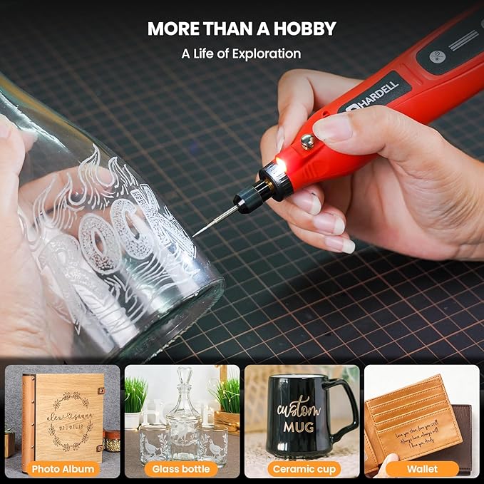 HARDELL Engraving Pen, Cordless Rechargeable Rotary Tool,5 Speed Engraver Pen For Metal, Wood, Plastic And Glass, Engrave 50+ Surfaces with 6 Carving Bit, 3 polishing bit, 20 Sandpaper, 4 Stencils