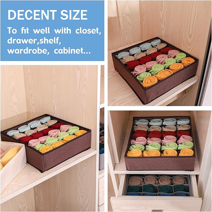Foldable Storage Cubes Drawer Underwear Organizer Dividers， under Cabinet Organizer 24-Cell Fabric Storage Boxes for Lingerie,Socks,Ties （Coffee）