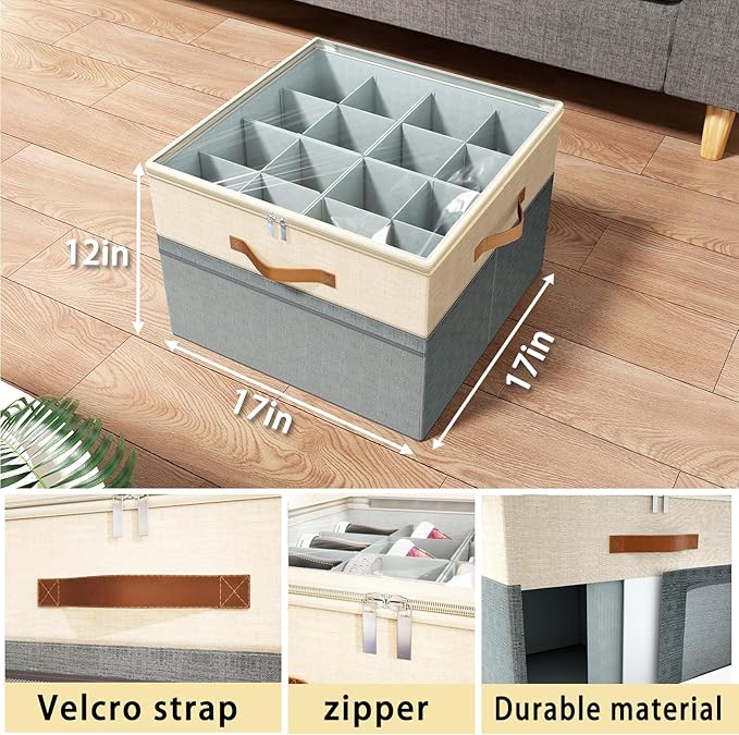 Shoe Organizer for Closet, 2 Pack Foldable Shoe Storage Organizer Box Bin with Adjustable Dividers and Clear Cover, Fits up to 16-32 Pairs（Grey&Beige）