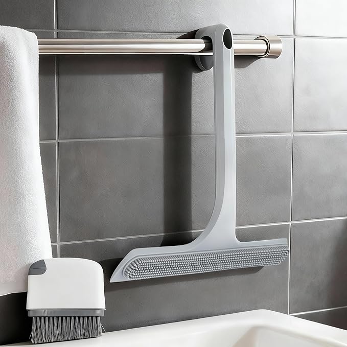 10.7“ Wide All-Purpose Shower Squeegee for Glass Doors, Squeegee for Shower Glass with Hook, Window Squeegee with Double-Ended Gap Brush Set for Shower, Bathroom, Car Glass, Mirror (Gray)