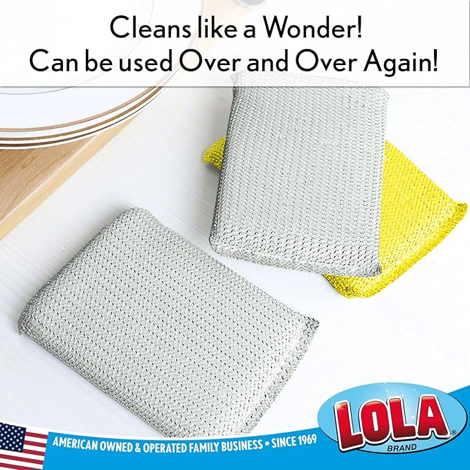 LOLA Wonder Non-Scratch Scouring Pad, 6 Pack, Large Knitted Flat Wire Cloth Fibers w/Foam Sponge Core, Assorted Colors (Gold or Silver)