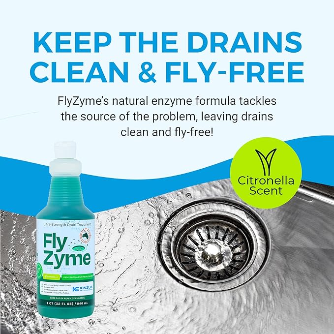 Fly-Zyme, Highly Concentrated Enzyme Drain Cleaner for Pipes & Fruit Flies, Citronella Scented Organic Waste Degrader & Odor Neutralizer, 32 fl oz, Pack of 2